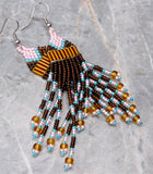 Brown, Pink and Blue Brick Stitch Earrings with Long Tassels