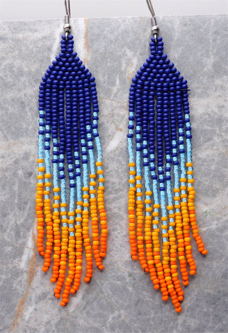 Sunrise Sunset Orange and Blue Brick Stitch Earrings with Long Tassels