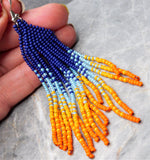 Sunrise Sunset Orange and Blue Brick Stitch Earrings with Long Tassels