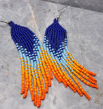 Sunrise Sunset Orange and Blue Brick Stitch Earrings with Long Tassels
