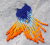 Sunrise Sunset Orange and Blue Brick Stitch Earrings with Long Tassels