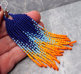 Sunrise Sunset Orange and Blue Brick Stitch Earrings with Long Tassels