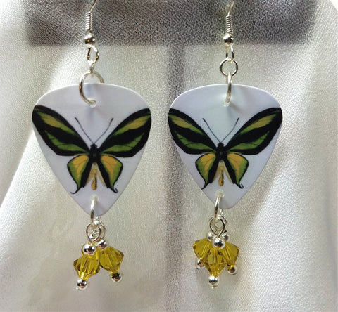 Yellow and Green Butterfly Guitar Pick Earrings with Green Swarovski Crystal Dangles