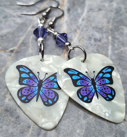 Blue and Purple Butterfly Guitar Pick Earrings with Purple Swarovski Crystals