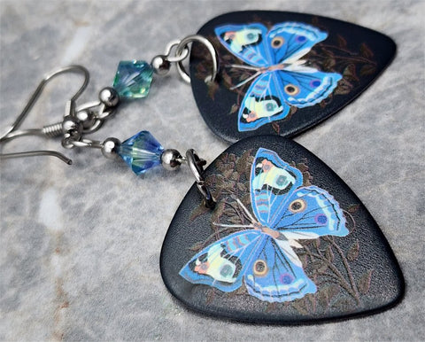 Blue Butterfly Guitar Pick Earrings with Blue Swarovski Crystals