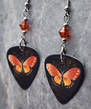 Orange and Burnt Red Butterfly Guitar Pick Earrings with Indian Red Swarovski Crystals