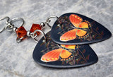 Orange and Burnt Red Butterfly Guitar Pick Earrings with Indian Red Swarovski Crystals