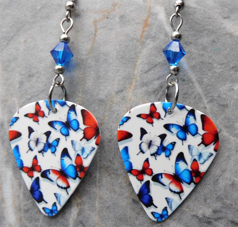 Red, White, and Blue Butterflies Guitar Pick Earrings with Capri Blue Swarovski Crystals