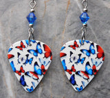 Red, White, and Blue Butterflies Guitar Pick Earrings with Capri Blue Swarovski Crystals