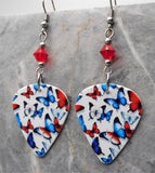 Red, White, and Blue Butterflies Guitar Pick Earrings with Red Swarovski Crystals