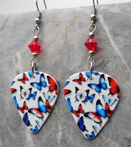 Red, White, and Blue Butterflies Guitar Pick Earrings with Red Swarovski Crystals