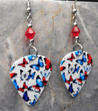 Red, White, and Blue Butterflies Guitar Pick Earrings with Red Swarovski Crystals