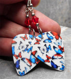 Red, White, and Blue Butterflies Guitar Pick Earrings with Red Swarovski Crystals