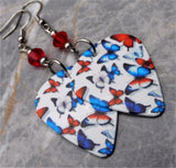 Red, White, and Blue Butterflies Guitar Pick Earrings with Red Swarovski Crystals