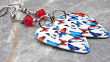 Red, White, and Blue Butterflies Guitar Pick Earrings with Red Swarovski Crystals