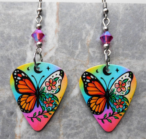 Monarch Butterfly Guitar Pick Earrings with Fuchsia ABx2 Swarovski Crystals