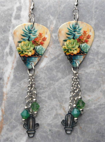 Succulents and Cacti Guitar Pick Earrings with Stainless Steel Cactus Charm and Green Swarovski Crystal Dangles
