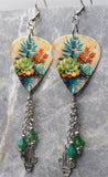 Succulents and Cacti Guitar Pick Earrings with Stainless Steel Cactus Charm and Green Swarovski Crystal Dangles