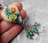 Succulents and Cacti Guitar Pick Earrings with Stainless Steel Cactus Charm and Green Swarovski Crystal Dangles