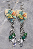 Succulents and Cacti Guitar Pick Earrings with Stainless Steel Cactus Charm and Green Swarovski Crystal Dangles