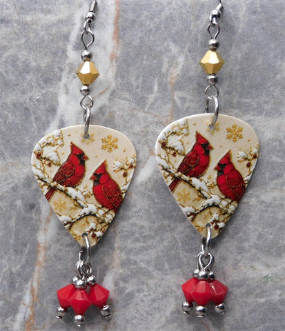 Winter Cardinals Guitar Pick Earrings with Gold and Opaque Red Swarovski Crystal Dangles