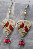Winter Cardinals Guitar Pick Earrings with Gold and Opaque Red Swarovski Crystal Dangles