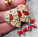 Winter Cardinals Guitar Pick Earrings with Gold and Opaque Red Swarovski Crystal Dangles