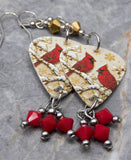 Winter Cardinals Guitar Pick Earrings with Gold and Opaque Red Swarovski Crystal Dangles