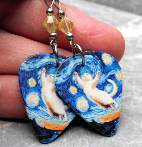 Kitty Starry Night Guitar Pick Earrings with Yellow Swarovski Crystals