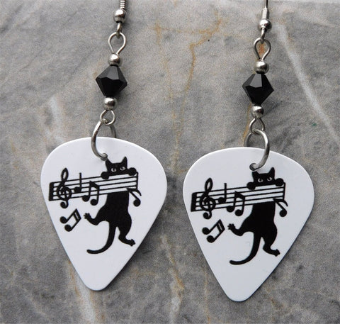 Black Cat on Sheet Music Guitar Pick Earrings with Black Swarovski Crystals