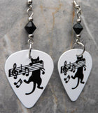Black Cat on Sheet Music Guitar Pick Earrings with Black Swarovski Crystals