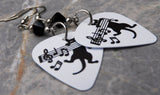 Black Cat on Sheet Music Guitar Pick Earrings with Black Swarovski Crystals