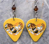Cats in a Heart Guitar Pick Earrings with Brown Swarovski Crystals