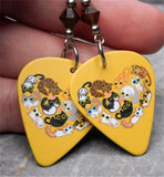 Cats in a Heart Guitar Pick Earrings with Brown Swarovski Crystals