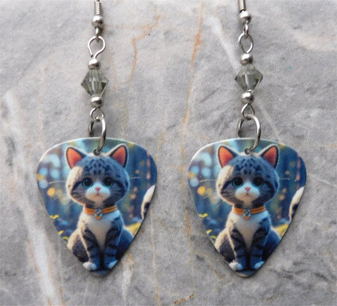 Gray and White Cat With Yellow Collar Guitar Pick Earrings with Gray Swarovski Crystals