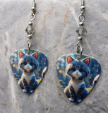 Gray and White Cat With Yellow Collar Guitar Pick Earrings with Gray Swarovski Crystals