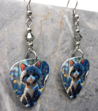 Gray and White Cat With Yellow Collar Guitar Pick Earrings with Gray Swarovski Crystals