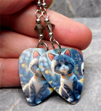 Gray and White Cat With Yellow Collar Guitar Pick Earrings with Gray Swarovski Crystals