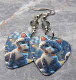 Gray and White Cat With Yellow Collar Guitar Pick Earrings with Gray Swarovski Crystals