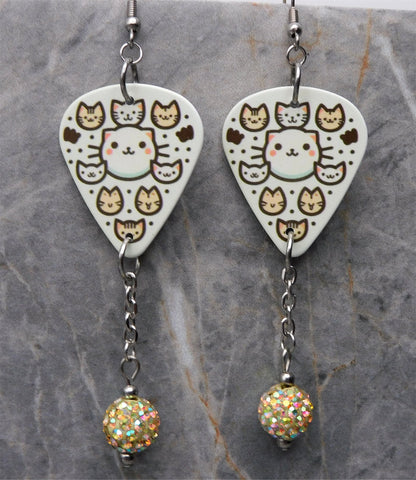 Kitty Faces Guitar Pick Earrings with Yellow ABx2 Pave Bead Dangles