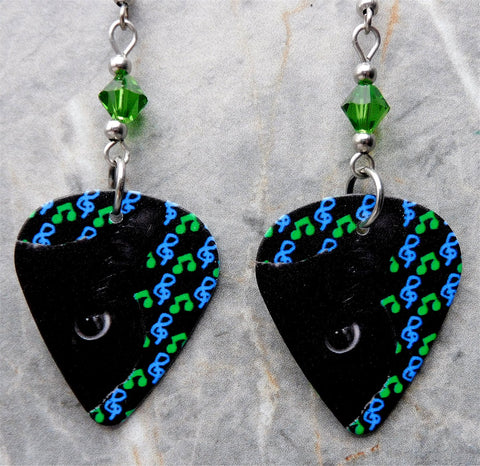 Close Up Black Cat on a Music Symbols Background Guitar Pick Earrings with Green Swarovski Crystals