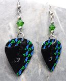 Close Up Black Cat on a Music Symbols Background Guitar Pick Earrings with Green Swarovski Crystals