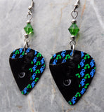 Close Up Black Cat on a Music Symbols Background Guitar Pick Earrings with Green Swarovski Crystals