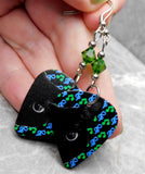 Close Up Black Cat on a Music Symbols Background Guitar Pick Earrings with Green Swarovski Crystals