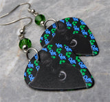 Close Up Black Cat on a Music Symbols Background Guitar Pick Earrings with Green Swarovski Crystals