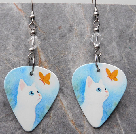 White Cat with an Orange Butterfly Guitar Pick Earrings with Clear Swarovski Crystals