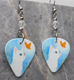 White Cat with an Orange Butterfly Guitar Pick Earrings with Clear Swarovski Crystals