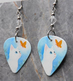 White Cat with an Orange Butterfly Guitar Pick Earrings with Clear Swarovski Crystals
