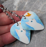 White Cat with an Orange Butterfly Guitar Pick Earrings with Clear Swarovski Crystals