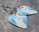 White Cat with an Orange Butterfly Guitar Pick Earrings with Clear Swarovski Crystals